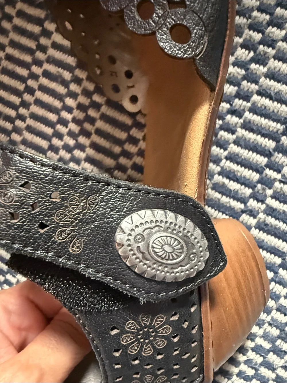 Rieker Black Laser-Cut Mary Jane heels with Ankle Strap